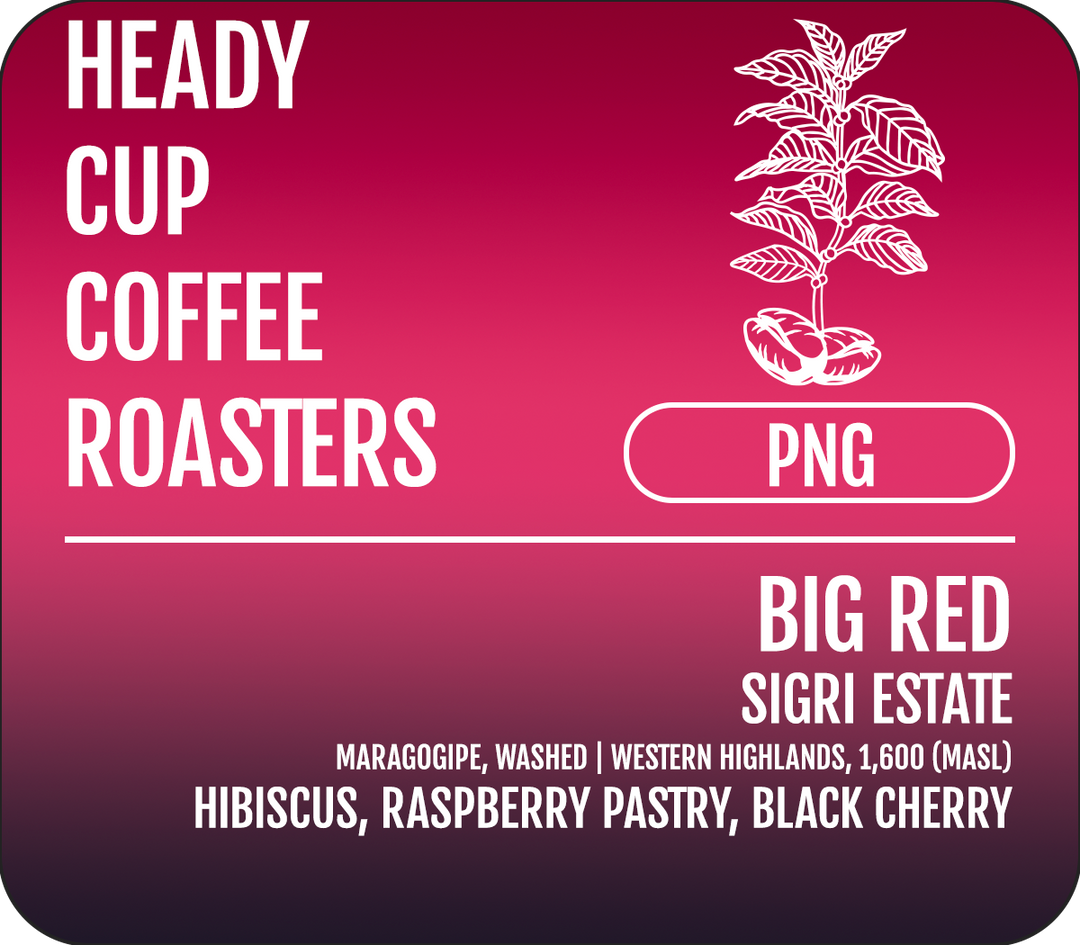Heady Cup Coffee Roasters picture of a label of big red coffee from papua new guinea