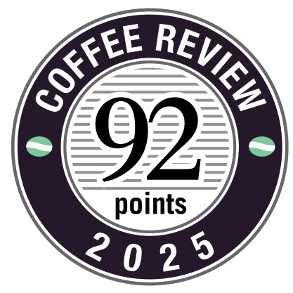 Circular logo with 'Coffee Review' and '92 points 2025' text on a white background