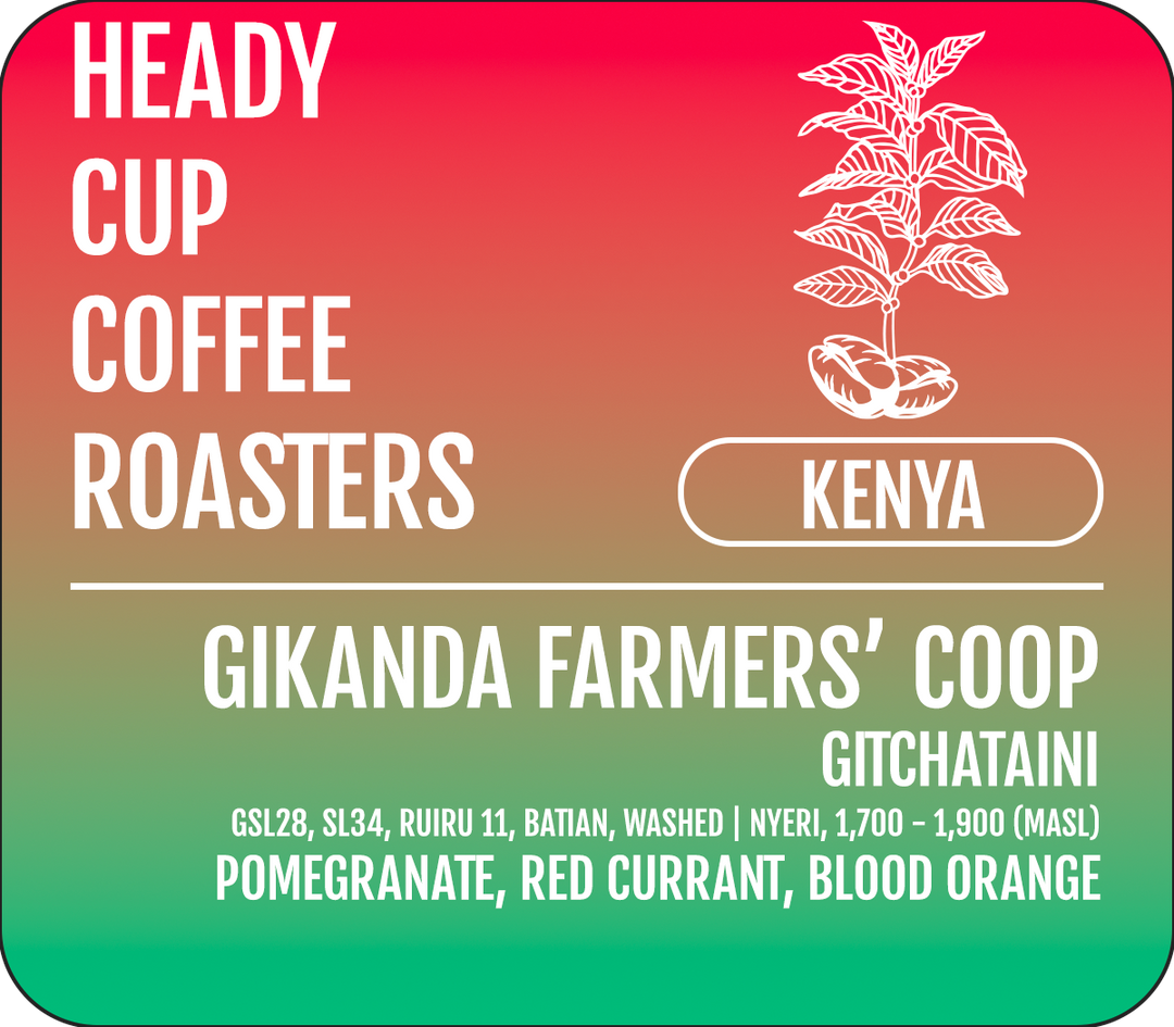 Heady Cup Coffee Roasters label for Kenya Gikanda Farmers' Coop with coffee plant illustration.
