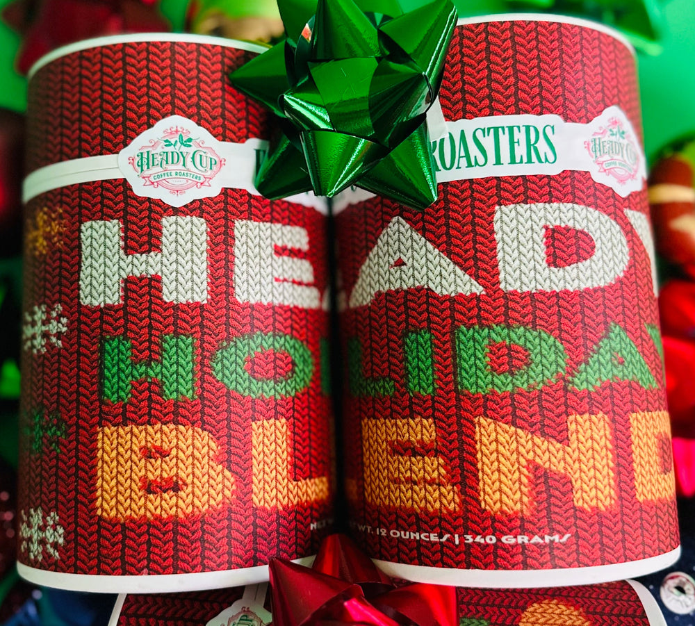 Heady Cup Coffee Roasters Holiday Blend pictured from above on a colorful set