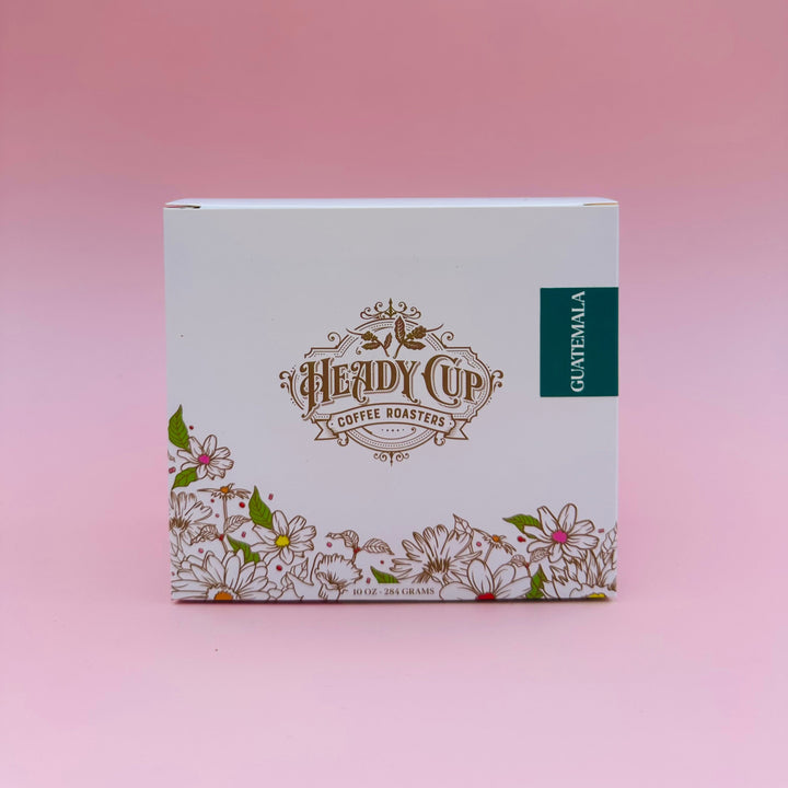 A square white single-origin box of Heady Cup Coffee Roasters from Guatemala, featuring a green vertical label on the right and a floral line-art border at the bottom, set against a solid pink background.