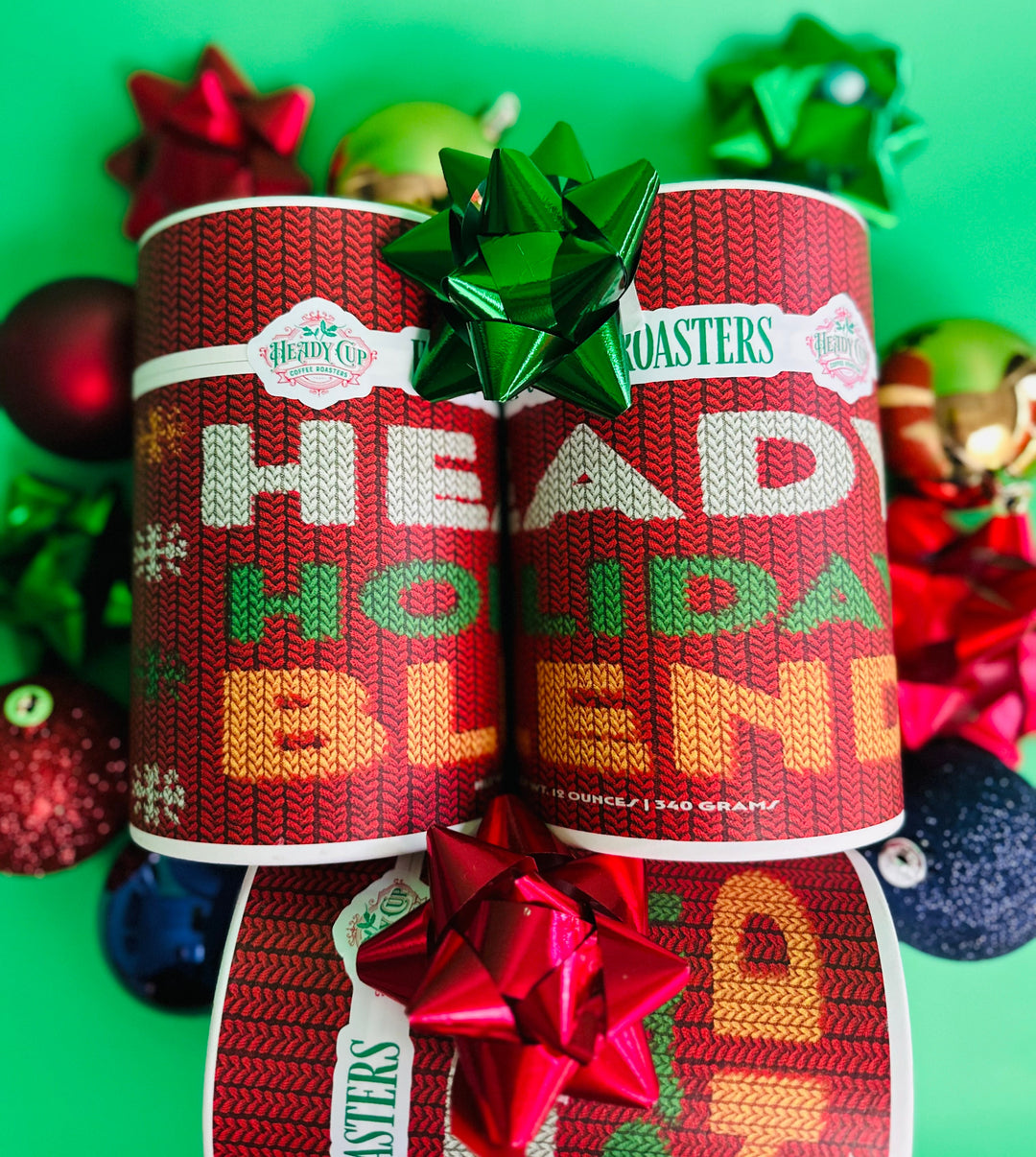 Heady Cup Coffee Roasters Holiday Blend pictured from above on a colorful set