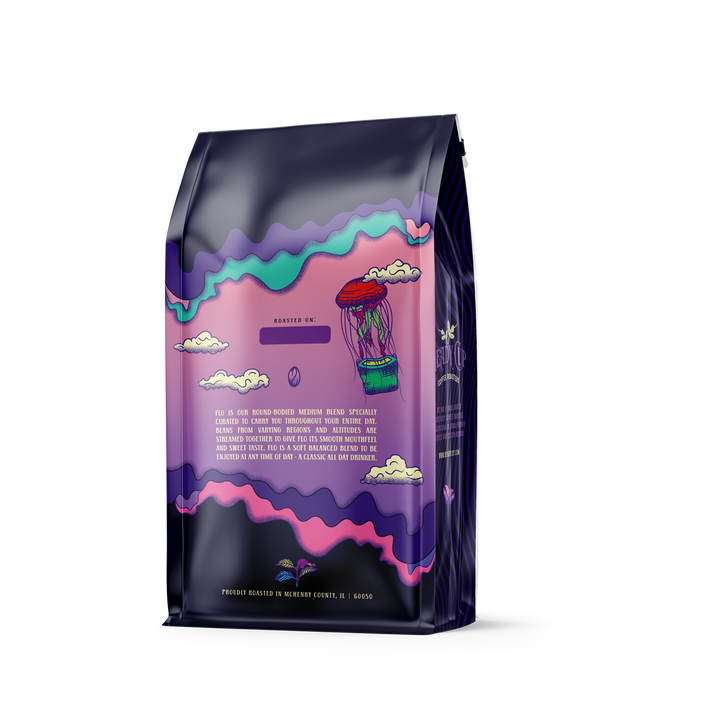 A colorful bag of Heady Cup Coffee Roasters medium roast coffee named Flo. Clouds and a fun jellyfish balloon on the back of the bag. 