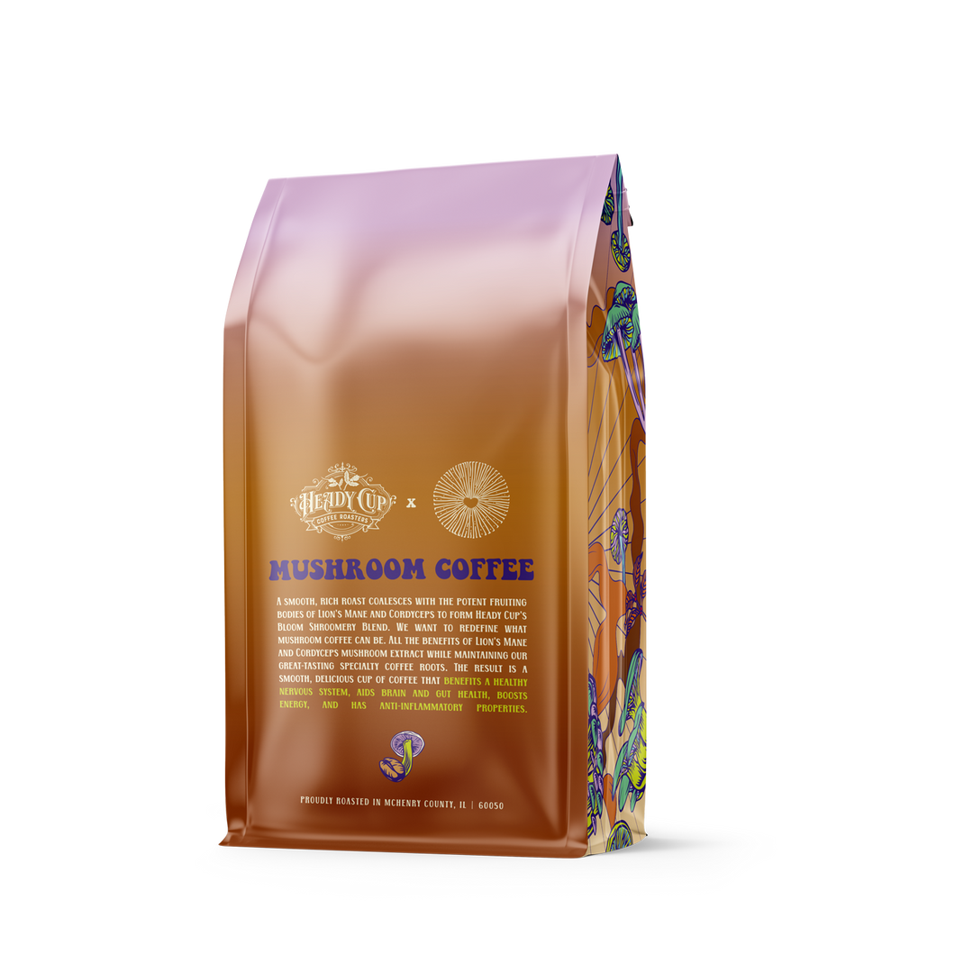 Heady Cup Coffee Roasters Mushroom Coffee bag - loaded with adaptogens - with colorful design on a white background