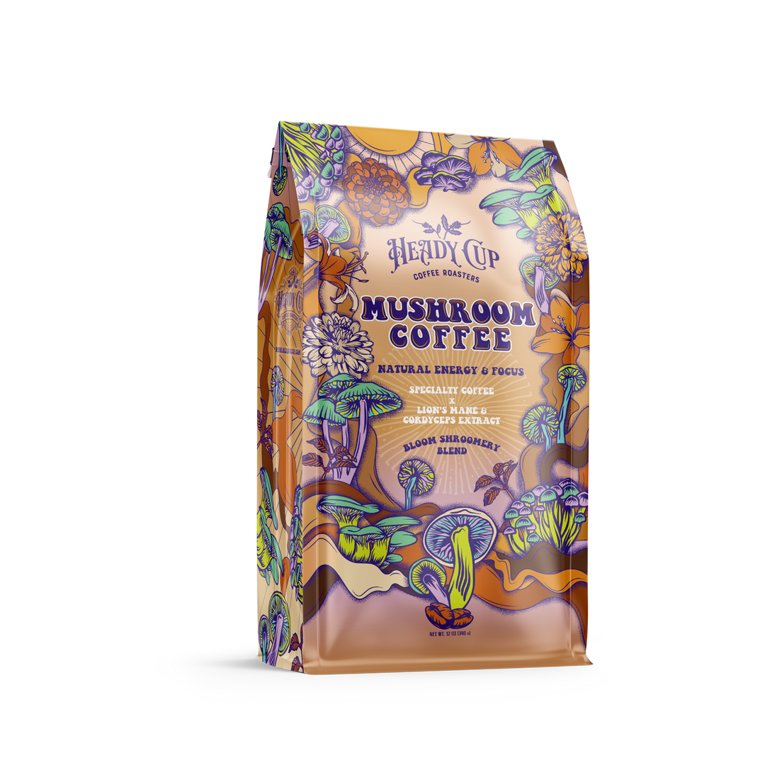 Heady Cup Coffee Roasters Mushroom Coffee bag - loaded with adaptogens - with colorful design on a white background