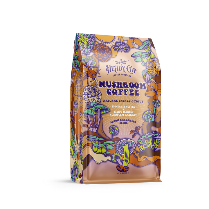Heady Cup Coffee Roasters Mushroom Coffee bag - loaded with adaptogens - with colorful design on a white background