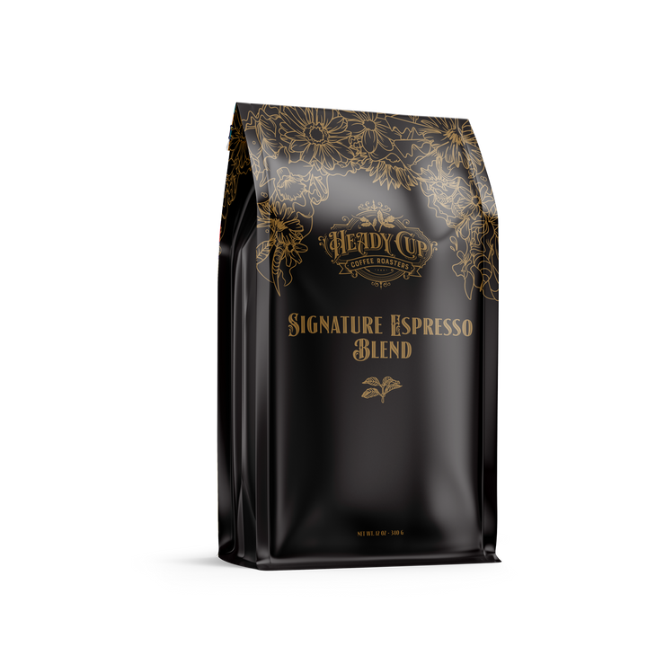 A classic black and gold floral bag of Heady Cup Coffee Roasters signature espresso roast.