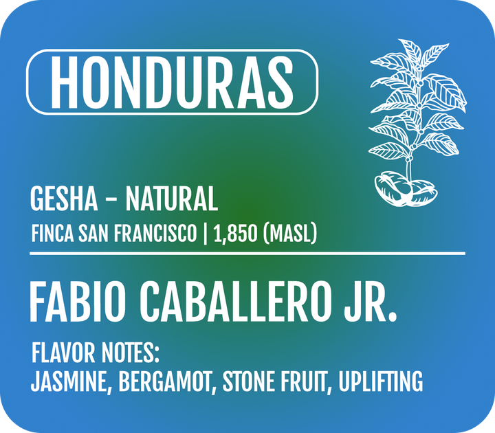 Heady Cup Coffee Roasters label for Honduras Gesha Natural from Finca San Francisco with plant illustration