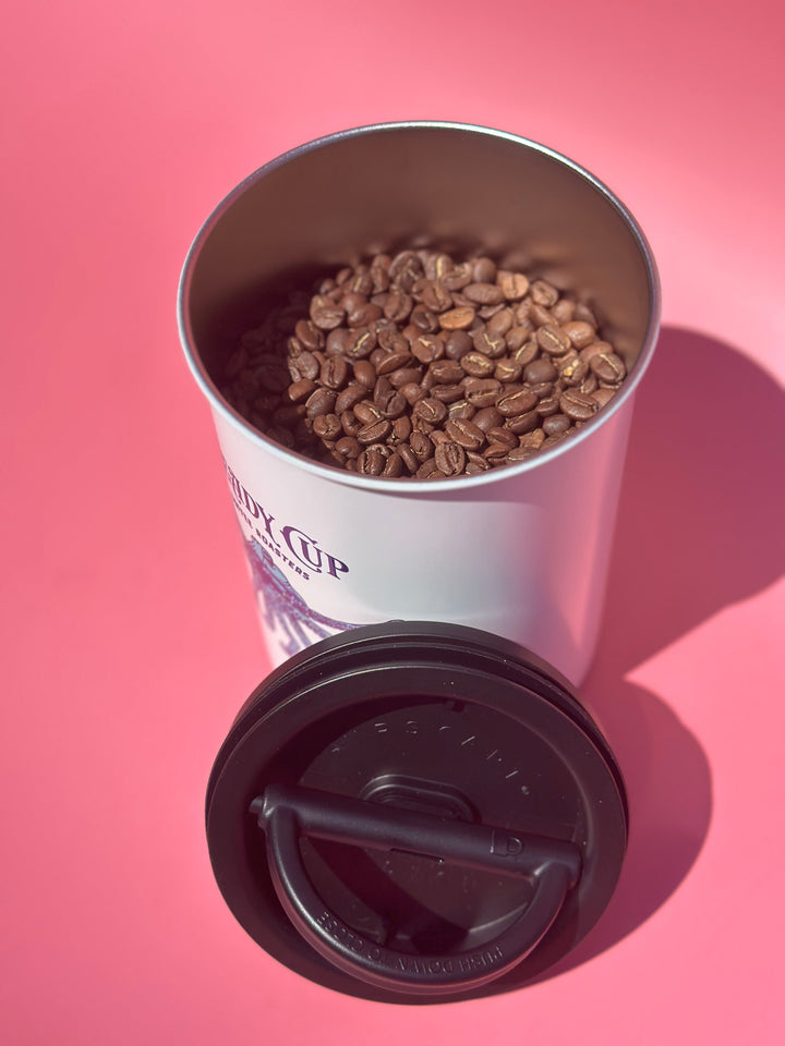 Top view of a Heady Cup Coffee Roasters Airscape container