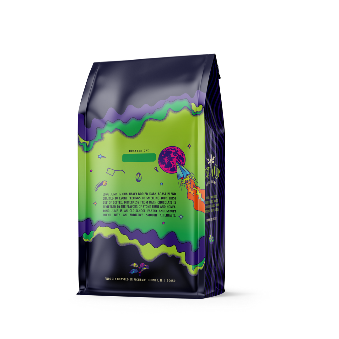 A colorful bag of Heady Cup Coffee Roasters dark roast coffee named Long Jump. An paper plane on the back of the bag. 