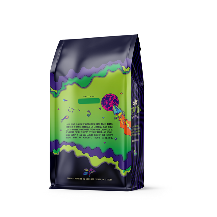 A colorful bag of Heady Cup Coffee Roasters dark roast coffee named Long Jump. An paper plane on the back of the bag. 