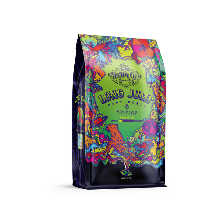 A colorful bag of Heady Cup Coffee Roasters dark roast coffee named Long Jump. An orange cheetah on the front of the bag. 