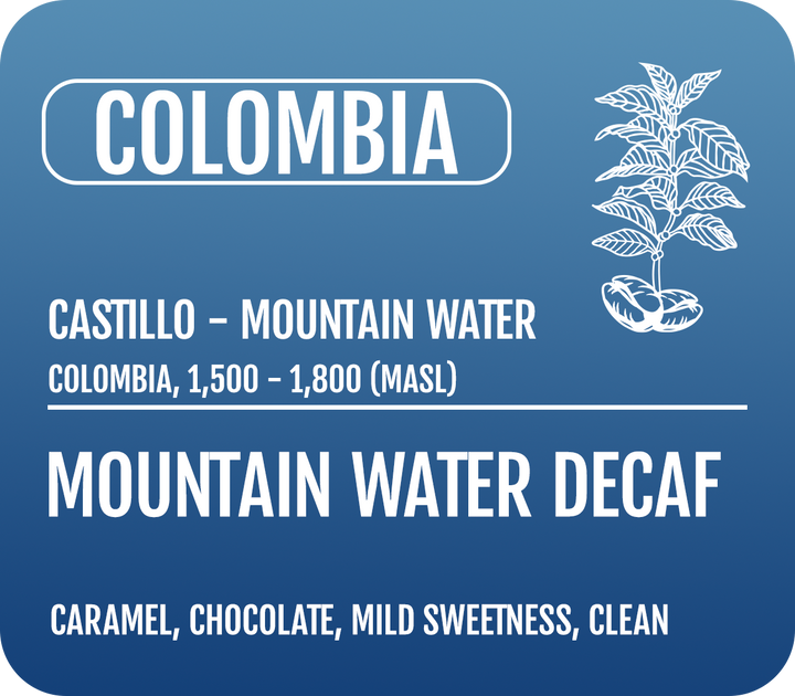 Heady Cup Coffee Roasters label for Colombia Castillo Mountain Water Decaf with plant illustration on blue background