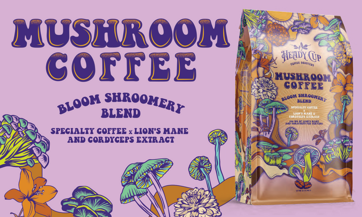 Heady Cup Coffee Roasters Mushroom coffee bag with colorful design on a purple background. Lion's Mane and Cordyceps extract. 