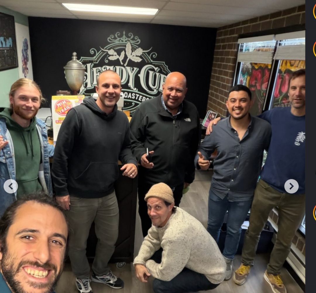 Don Fabio and Fabio Caballero Jr at Heady Cup Coffee Roasters with Jack Rudolf, Andros Mitri, Michael Kivland, Kurtis Kearby, and Kevin Foglesong. 