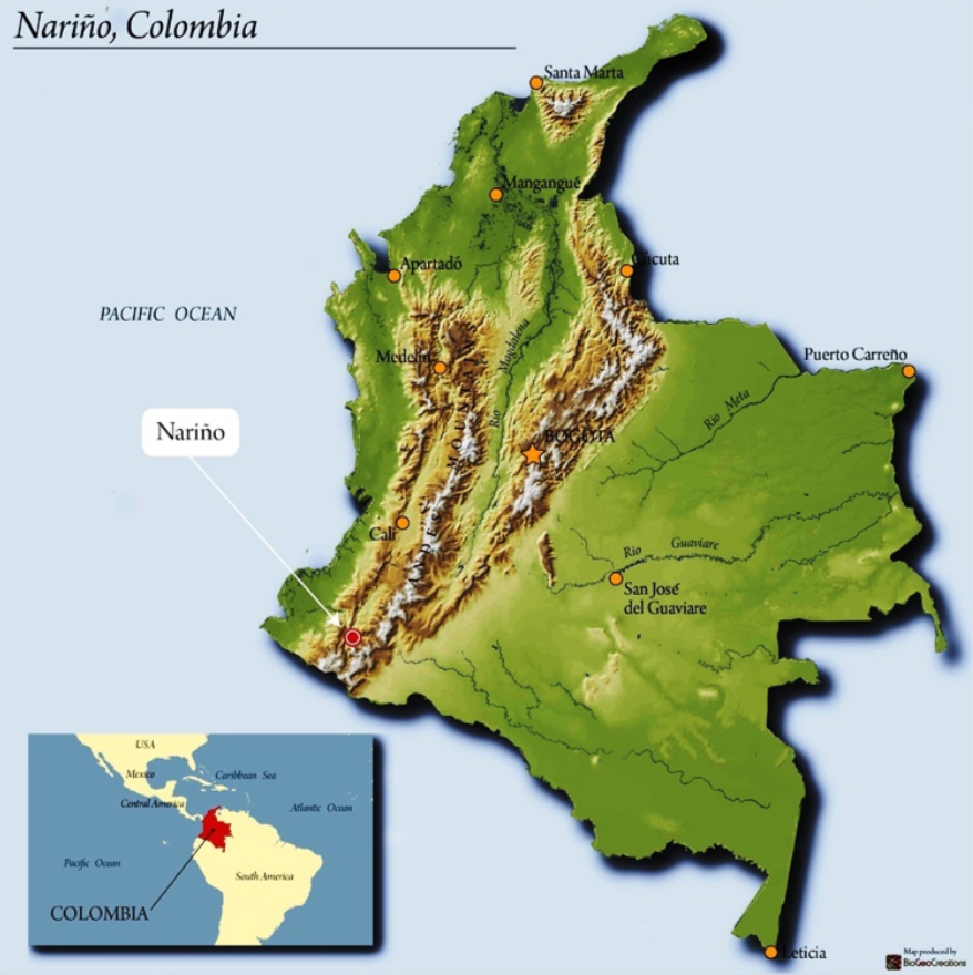 Map of Nariño, Colombia with topographic details