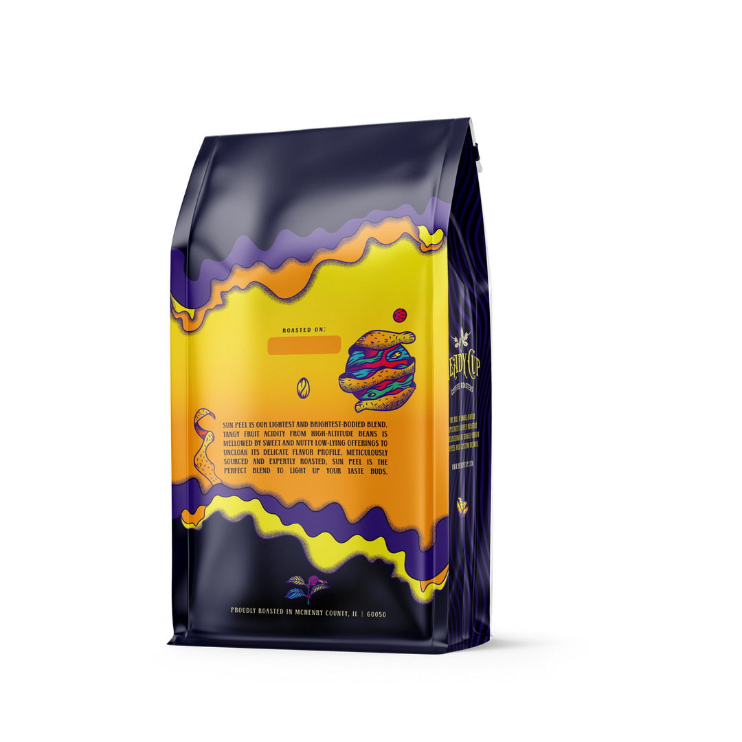 The back of a colorful bag of Heady Cup Coffee Roasters light roast coffee named Sun Peel.