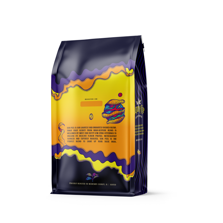 The back of a colorful bag of Heady Cup Coffee Roasters light roast coffee named Sun Peel.
