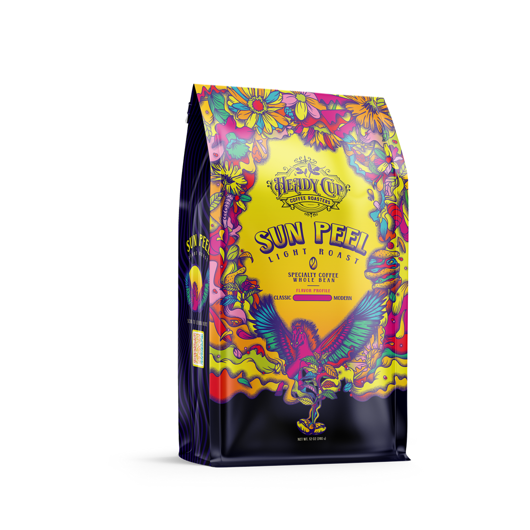 A colorful bag of Heady Cup Coffee Roasters light roast coffee named Sun Peel.
