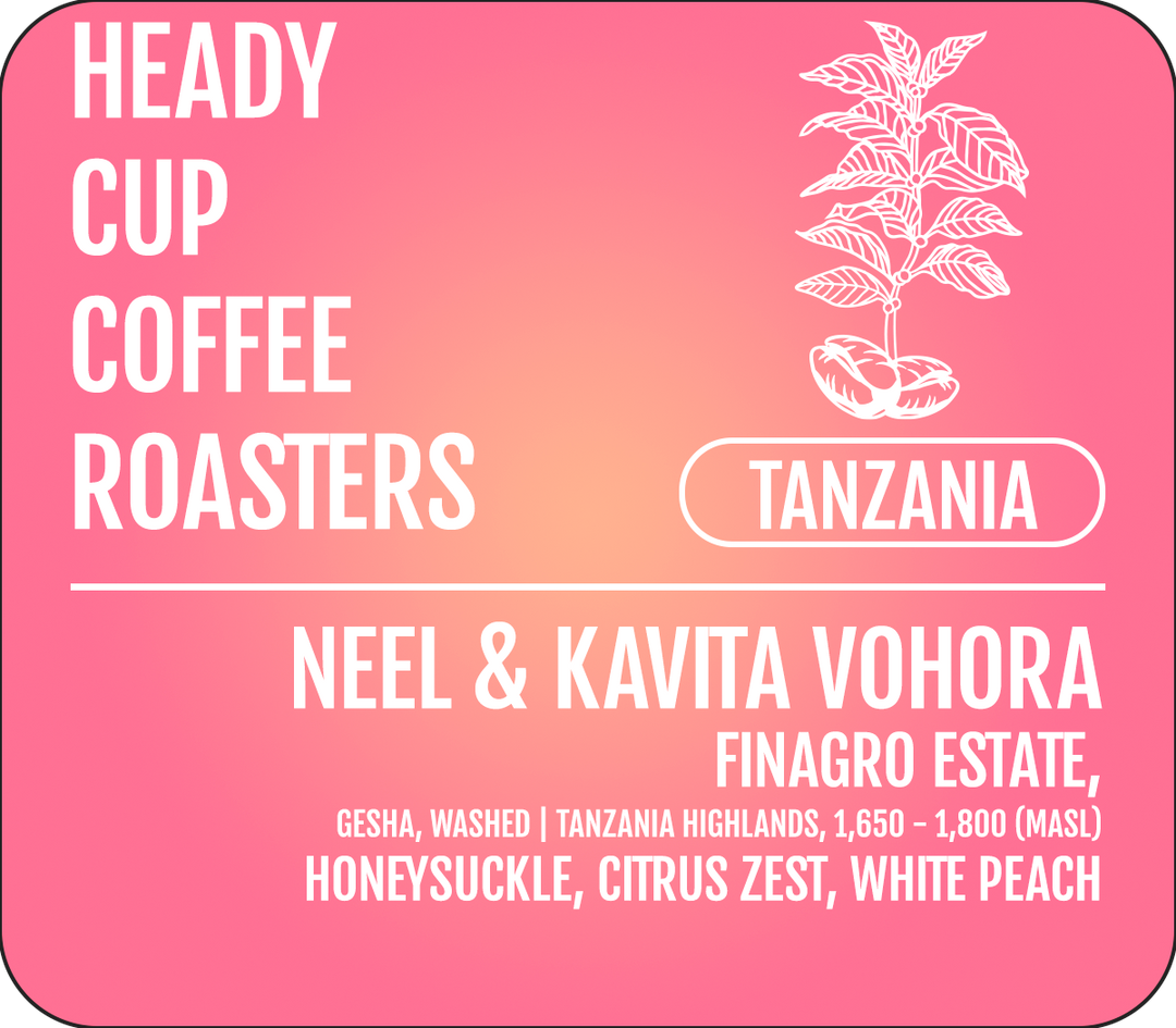 Heady Cup Coffee Roasters label with coffee plant illustration and text on a pink and orange gradient background
