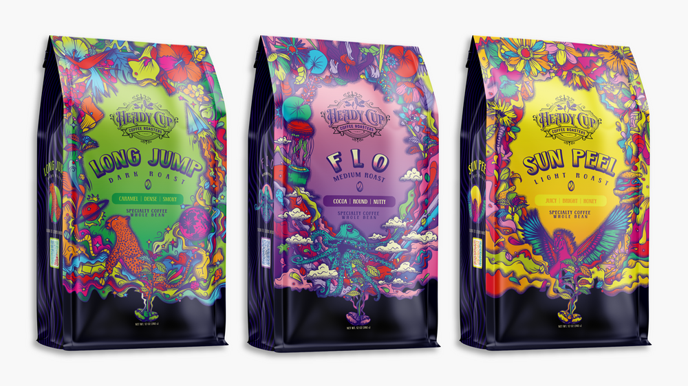 Sun Peel, Flo, and Long Jump are Heady Cup's three signature blends. Sun Peel is a light roast juice fest. Flo is a medium roast all day drinker. Long Jump is your dark roast for you carbon junkies. 