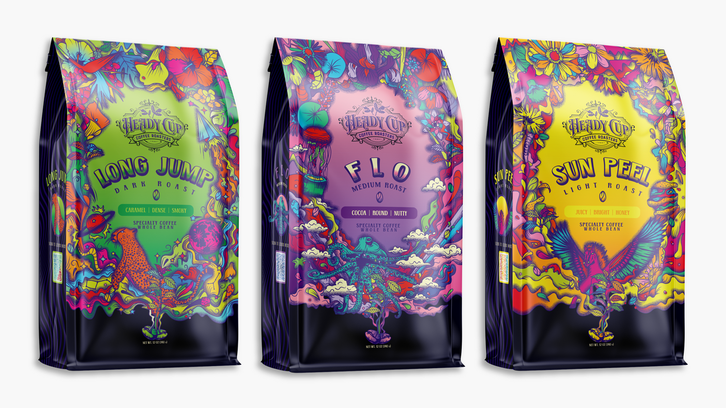 Sun Peel, Flo, and Long Jump are Heady Cup's three signature blends. Sun Peel is a light roast juice fest. Flo is a medium roast all day drinker. Long Jump is your dark roast for you carbon junkies. 
