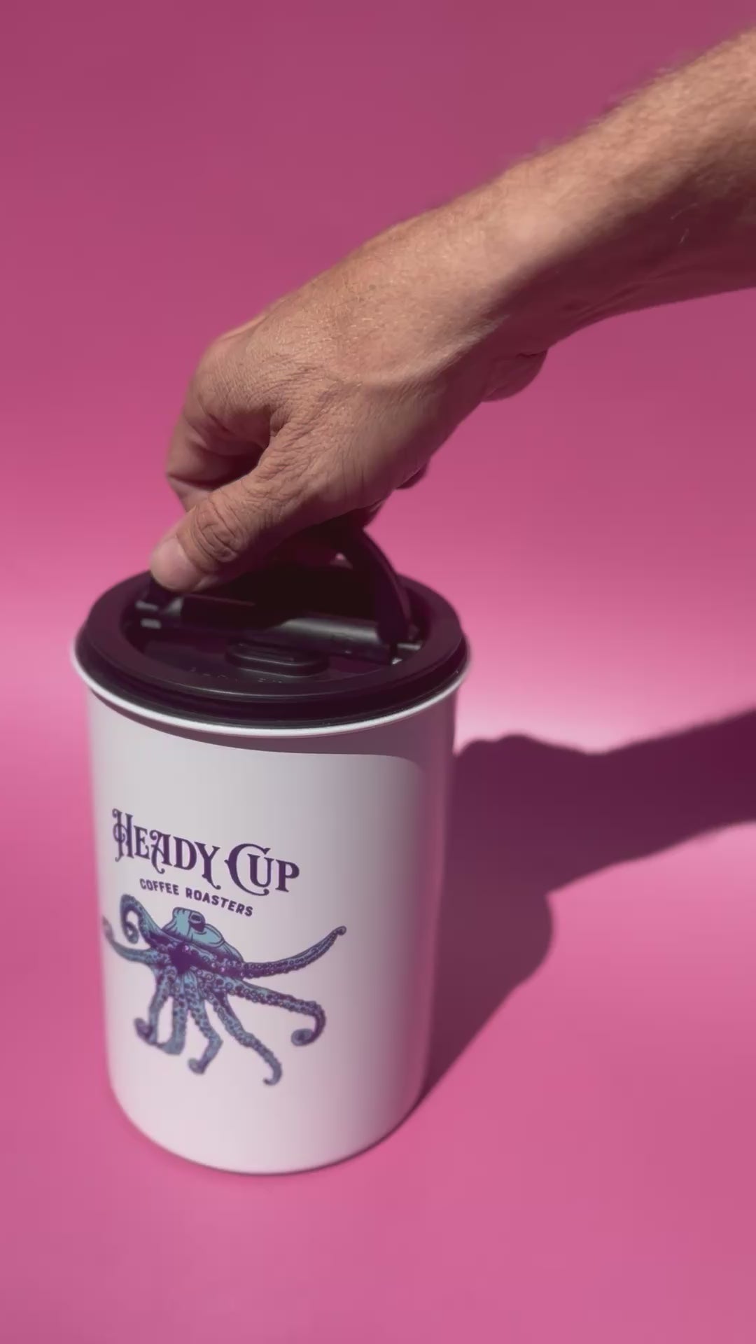 Video of Heady Cup Coffee Roasters Airscape container being sealed and lid placed on top