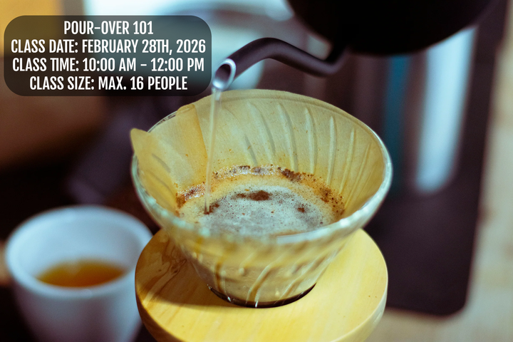 Heady Cup Coffee Roasters Pour-Over 101 Class flyer with a picture of a brown V60 filter with a Fellows Stagg Kettle