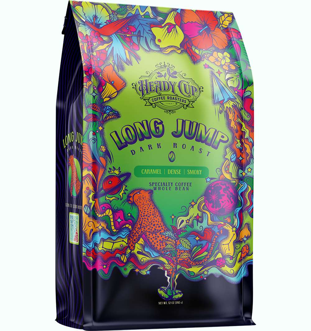 LONG JUMP IS OUR HEAVY-BODIED DARK ROAST BLEND CRAFTED TO EVOKE FEELINGS OF SMELLING YOUR FIRST CUP OF COFFEE. BITTERNESS FROM DARK CHOCOLATE IS TEMPERED BY THE FLAVORS OF OF STONE FRUIT AND HONEY. LONG JUMP IS AN OLD-SCHOOL EARTHY AND SYRUPY BLEND WITH AN ADDICTIVE SMOOTH AFTERTASTE. 